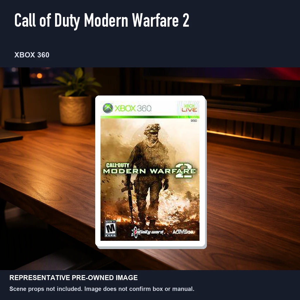 Representative pre-owned Call of Duty Modern Warfare 2 (Xbox 360), product image in a styled desk scene.