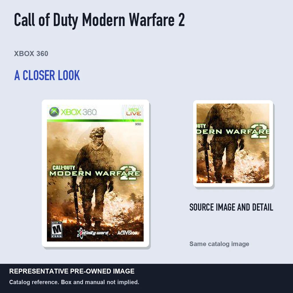 Representative pre-owned Call of Duty Modern Warfare 2 (Xbox 360), full image with detail inset.