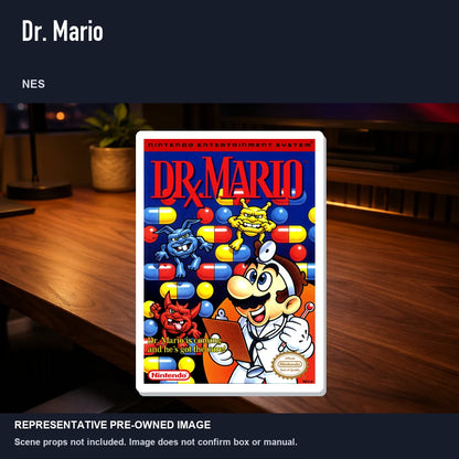 Representative pre-owned Dr. Mario (NES), product image in a styled desk scene.