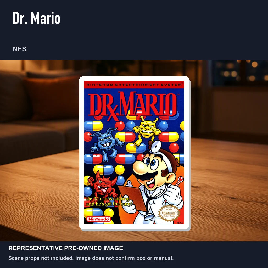 Representative pre-owned Dr. Mario (NES), product image in a styled room scene.