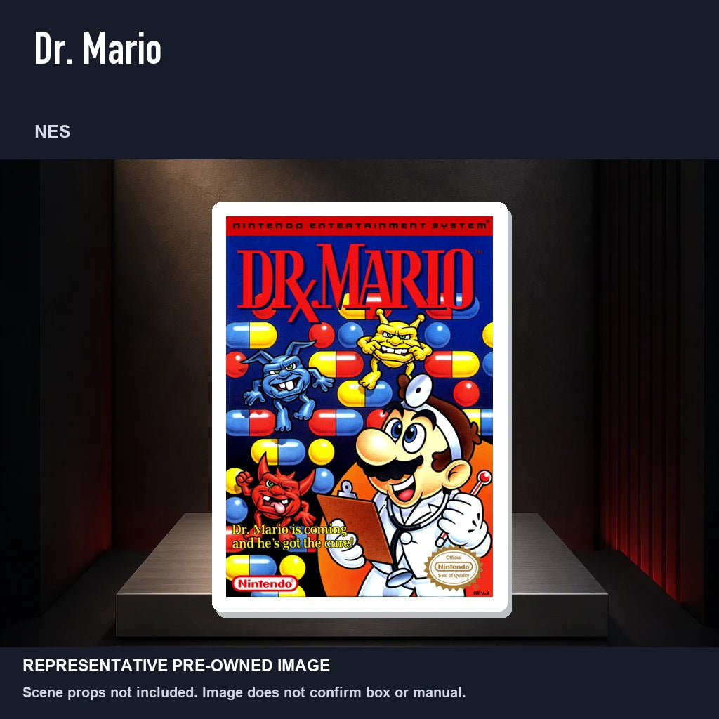 Representative pre-owned Dr. Mario (NES), product image on a display panel.