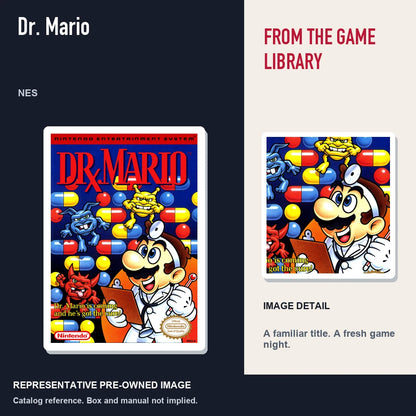 Representative pre-owned Dr. Mario (NES), editorial image and detail.