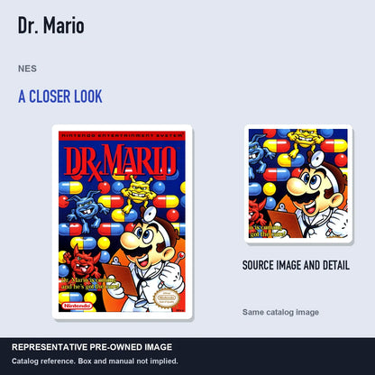 Representative pre-owned Dr. Mario (NES), full image with detail inset.