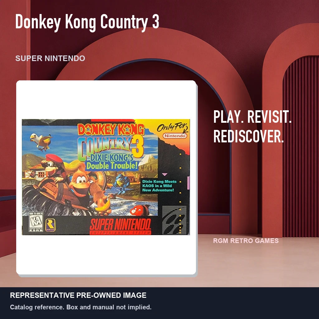 Representative pre-owned Donkey Kong Country 3 (Super Nintendo), red retro product layout.