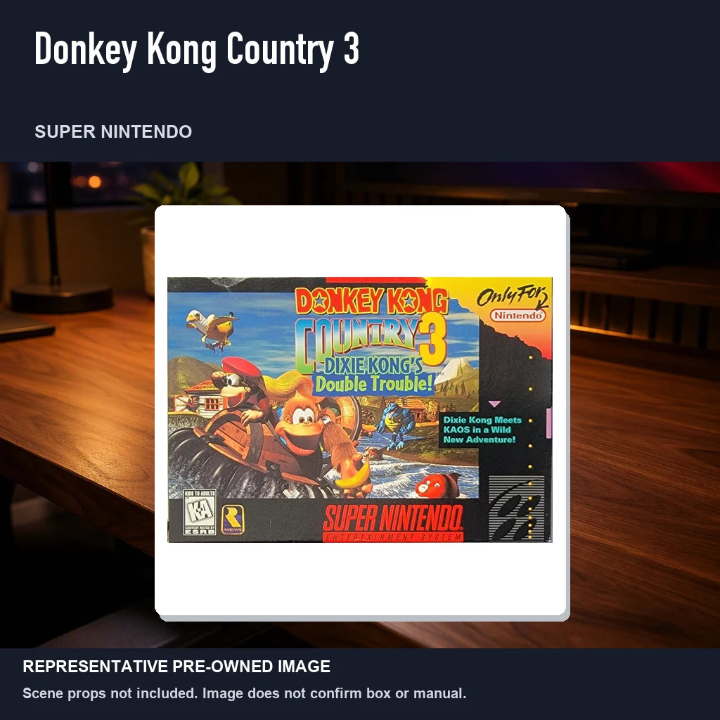 Representative pre-owned Donkey Kong Country 3 (Super Nintendo), product image in a styled desk scene.