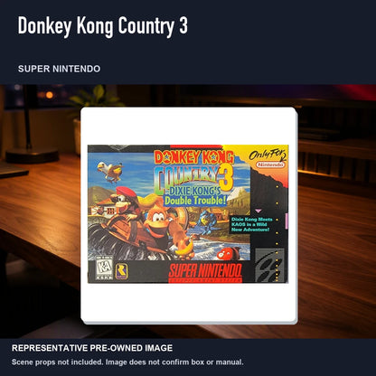 Representative pre-owned Donkey Kong Country 3 (Super Nintendo), product image in a styled desk scene.