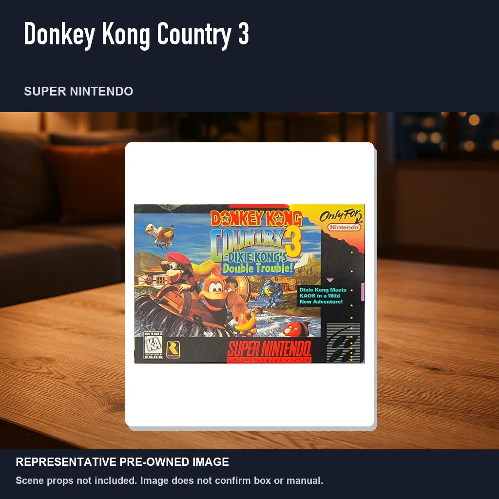 Representative pre-owned Donkey Kong Country 3 (Super Nintendo), product image in a styled room scene.