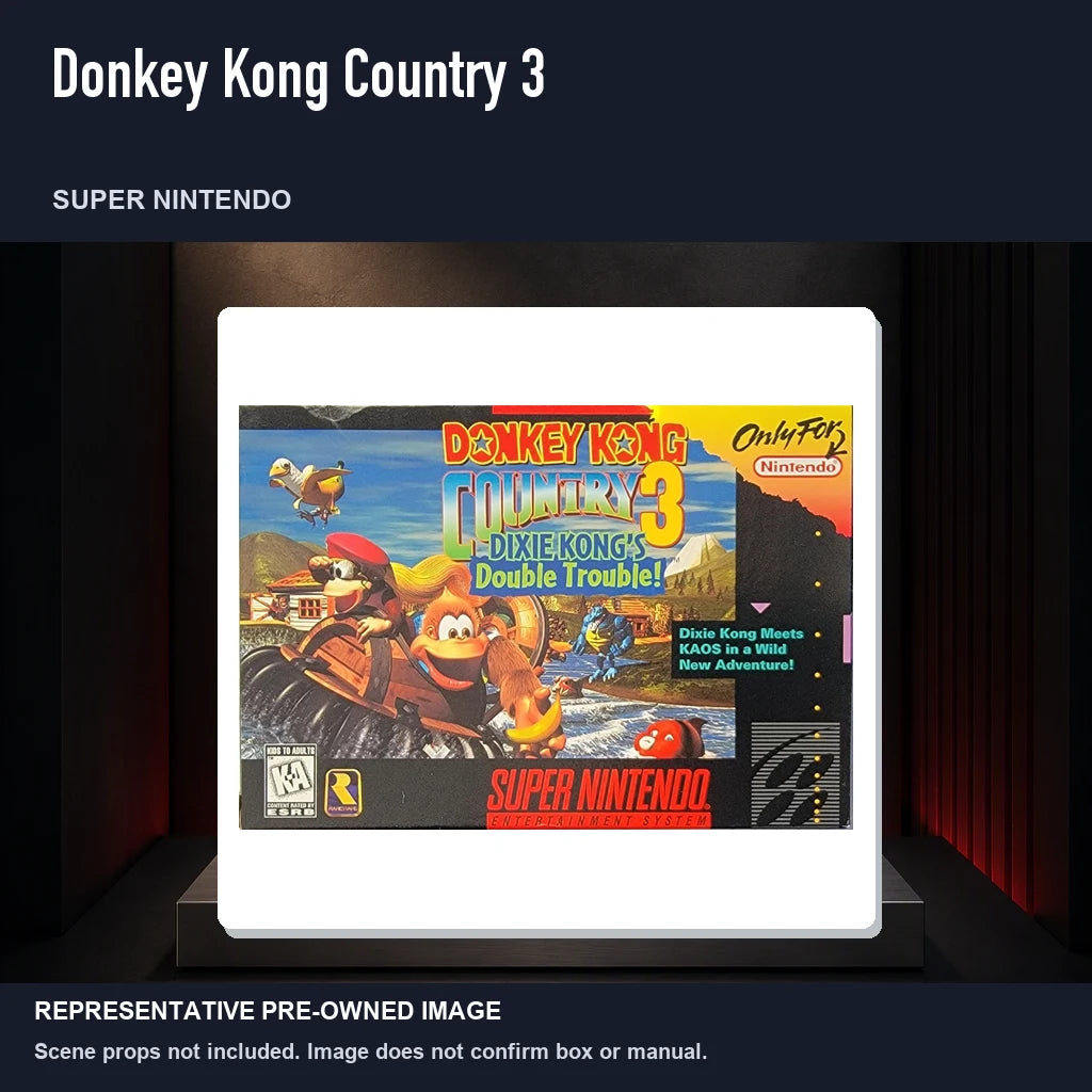 Representative pre-owned Donkey Kong Country 3 (Super Nintendo), product image on a display panel.