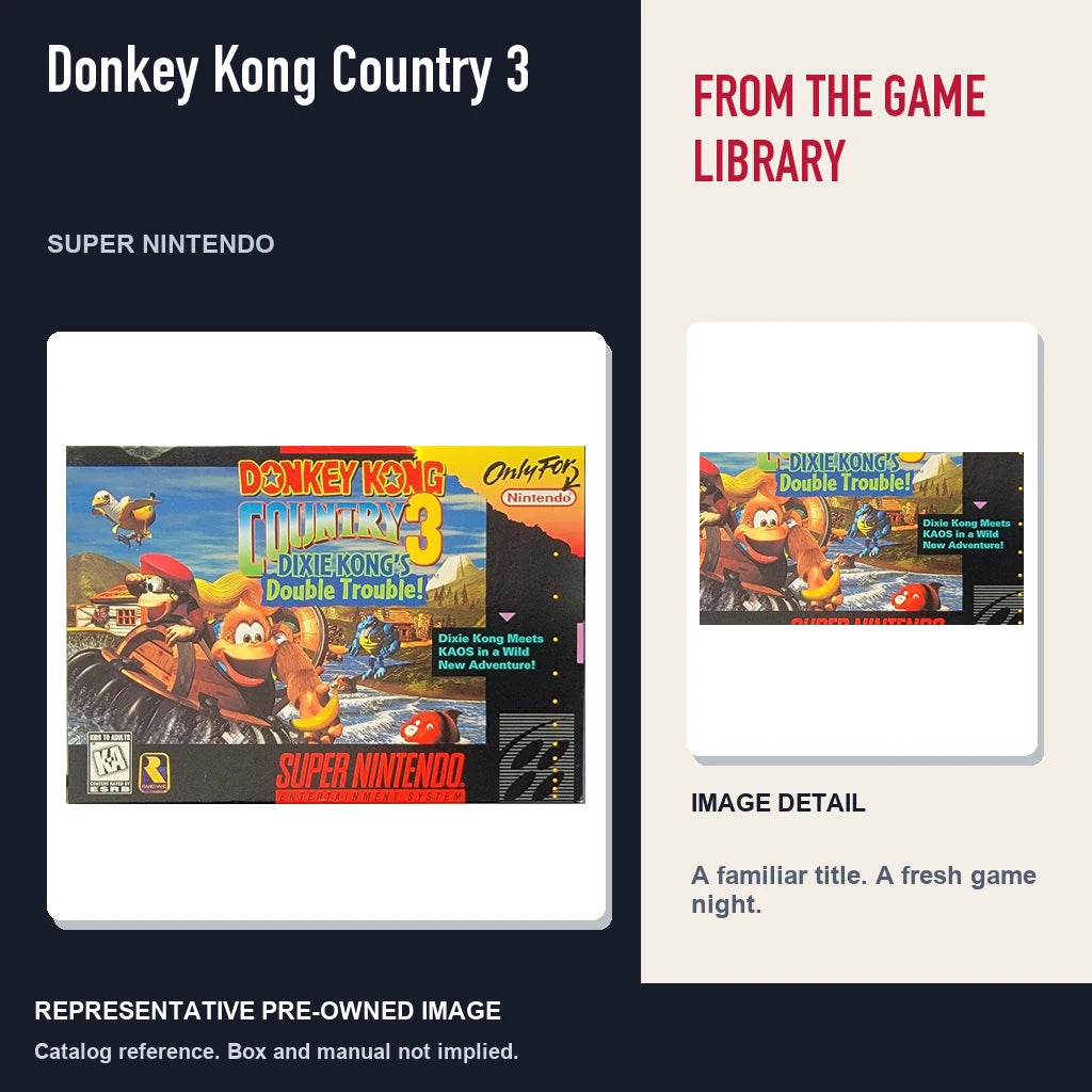 Representative pre-owned Donkey Kong Country 3 (Super Nintendo), editorial image and detail.