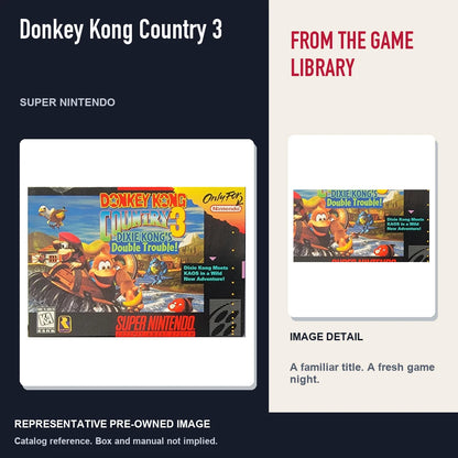 Representative pre-owned Donkey Kong Country 3 (Super Nintendo), editorial image and detail.