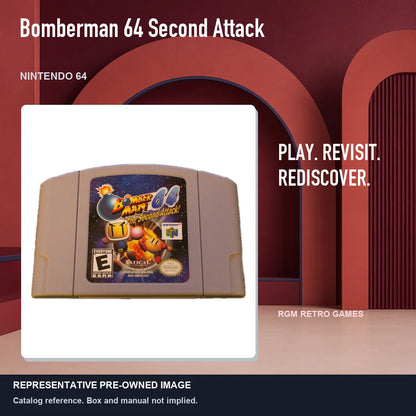Representative pre-owned Bomberman 64 Second Attack (Nintendo 64), red retro product layout.
