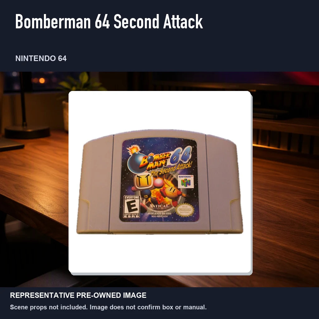 Representative pre-owned Bomberman 64 Second Attack (Nintendo 64), product image in a styled desk scene.
