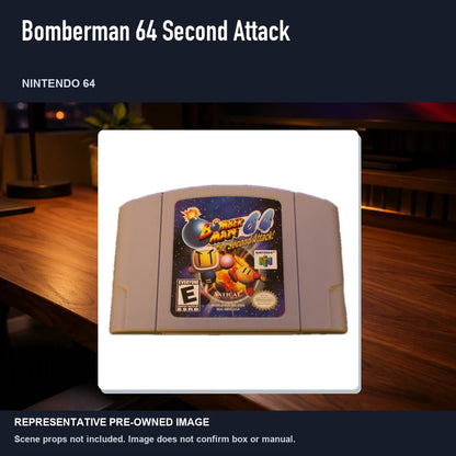 Representative pre-owned Bomberman 64 Second Attack (Nintendo 64), product image in a styled desk scene.