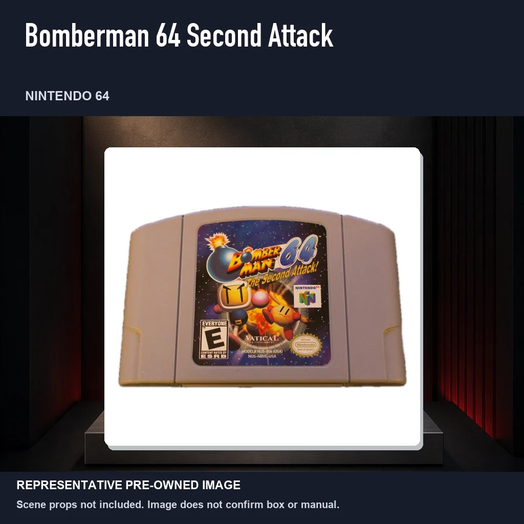 Representative pre-owned Bomberman 64 Second Attack (Nintendo 64), product image on a display panel.
