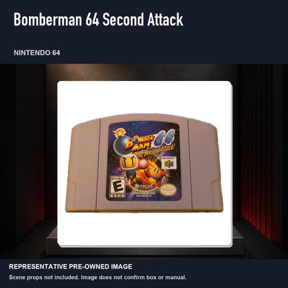 Representative pre-owned Bomberman 64 Second Attack (Nintendo 64), product image on a display panel.