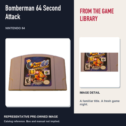 Representative pre-owned Bomberman 64 Second Attack (Nintendo 64), editorial image and detail.