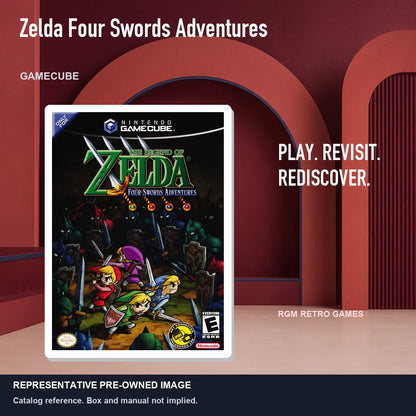 Representative pre-owned Zelda Four Swords Adventures (GameCube), red retro product layout.
