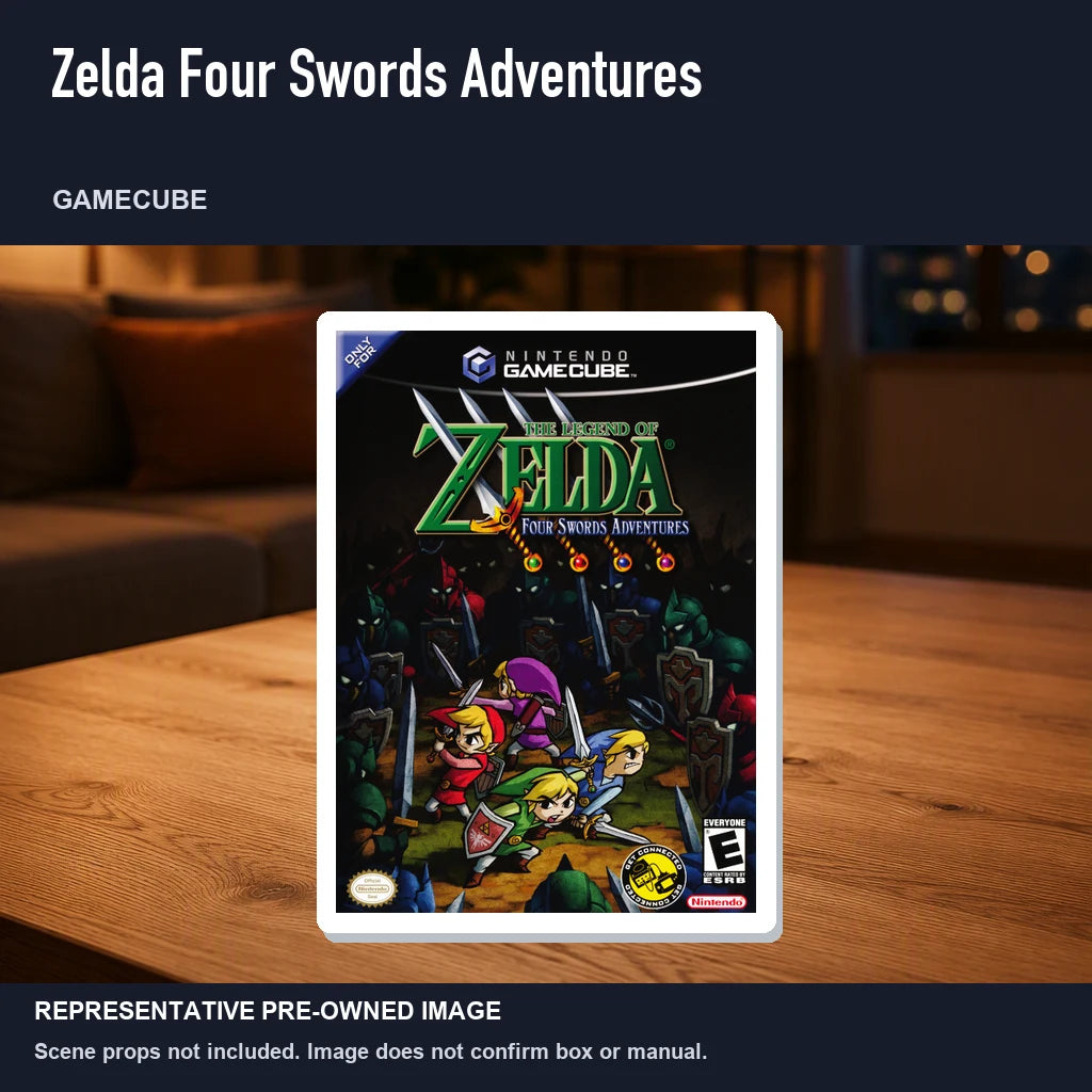 Representative pre-owned Zelda Four Swords Adventures (GameCube), product image in a styled room scene.