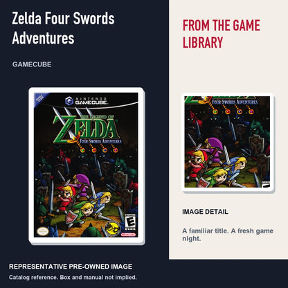 Representative pre-owned Zelda Four Swords Adventures (GameCube), editorial image and detail.
