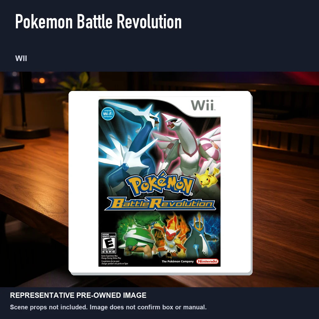 Representative pre-owned Pokemon Battle Revolution (Wii), product image in a styled desk scene.