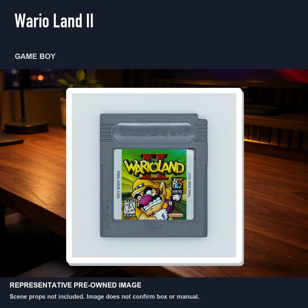 Representative pre-owned Wario Land II (Game Boy), product image in a styled desk scene.