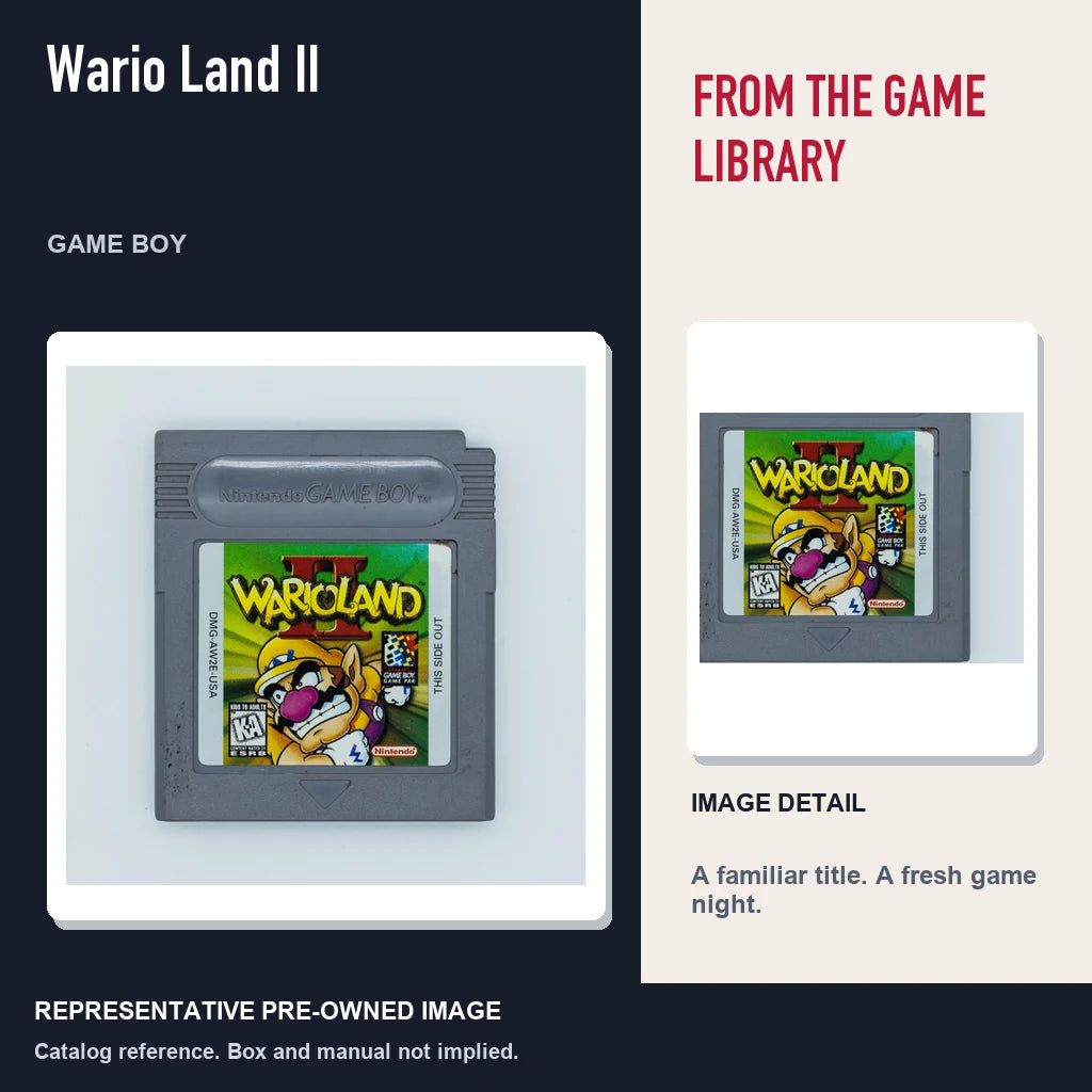 Representative pre-owned Wario Land II (Game Boy), editorial image and detail.