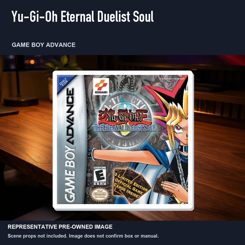 Representative pre-owned Yu-Gi-Oh Eternal Duelist Soul (Game Boy Advance), product image in a styled desk scene.