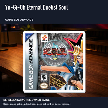 Representative pre-owned Yu-Gi-Oh Eternal Duelist Soul (Game Boy Advance), product image in a styled desk scene.