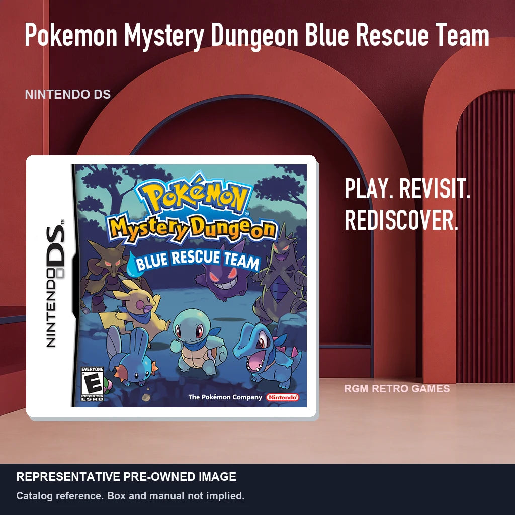 Representative pre-owned Pokemon Mystery Dungeon Blue Rescue Team (Nintendo DS), red retro product layout.