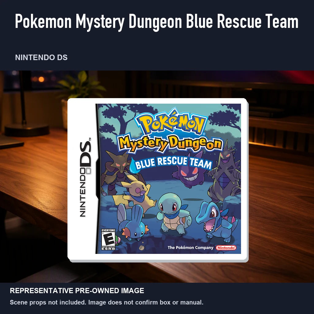 Representative pre-owned Pokemon Mystery Dungeon Blue Rescue Team (Nintendo DS), product image in a styled desk scene.