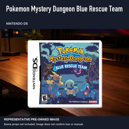 Representative pre-owned Pokemon Mystery Dungeon Blue Rescue Team (Nintendo DS), product image in a styled desk scene.