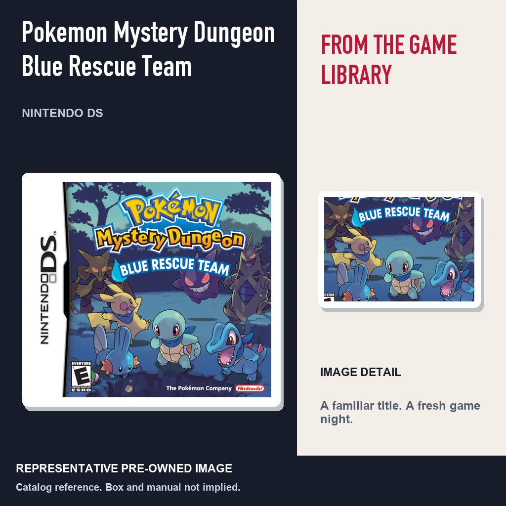 Representative pre-owned Pokemon Mystery Dungeon Blue Rescue Team (Nintendo DS), editorial image and detail.