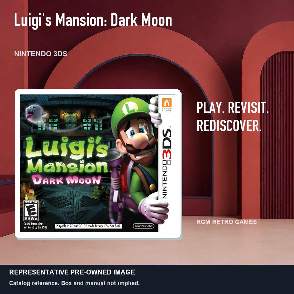 Representative pre-owned Luigi's Mansion: Dark Moon (Nintendo 3DS), red retro product layout.