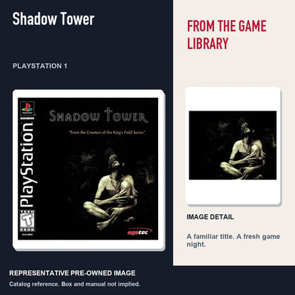 Representative pre-owned Shadow Tower (PlayStation 1), editorial image and detail.