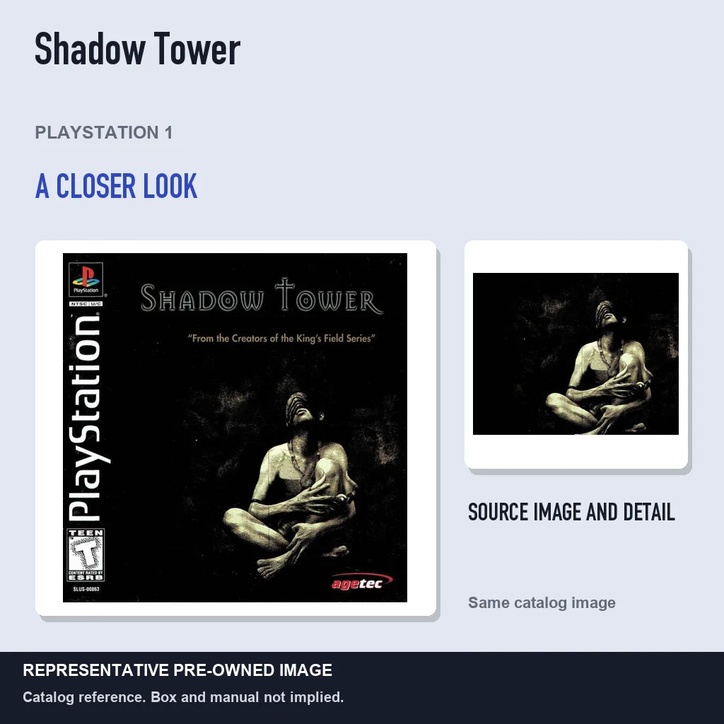 Representative pre-owned Shadow Tower (PlayStation 1), full image with detail inset.