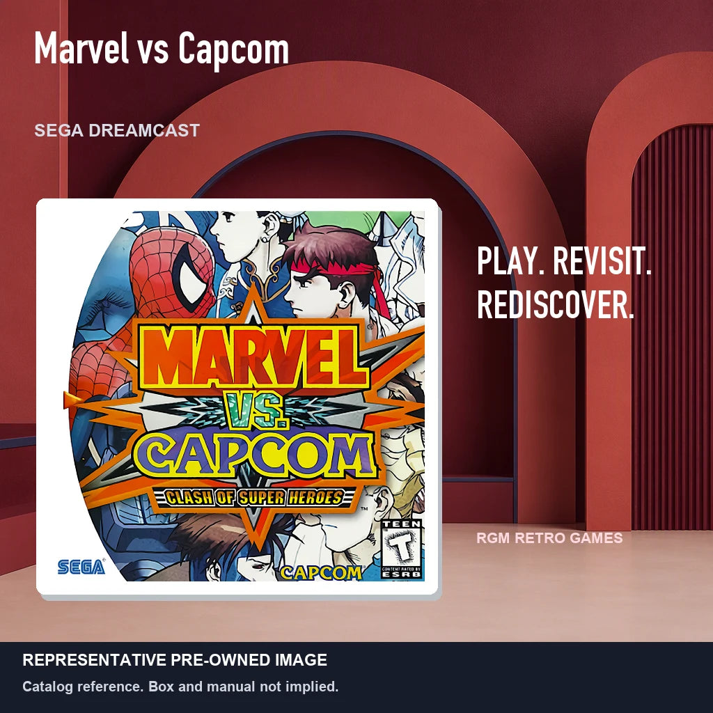 Representative pre-owned Marvel vs Capcom (Sega Dreamcast), red retro product layout.