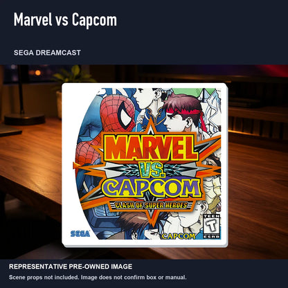 Representative pre-owned Marvel vs Capcom (Sega Dreamcast), product image in a styled desk scene.