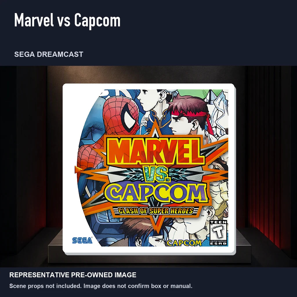 Representative pre-owned Marvel vs Capcom (Sega Dreamcast), product image on a display panel.