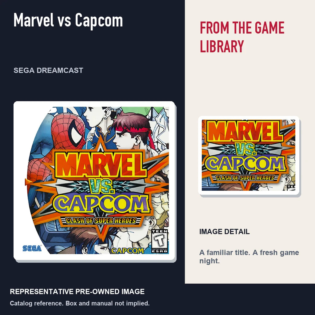 Representative pre-owned Marvel vs Capcom (Sega Dreamcast), editorial image and detail.