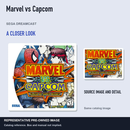 Representative pre-owned Marvel vs Capcom (Sega Dreamcast), full image with detail inset.