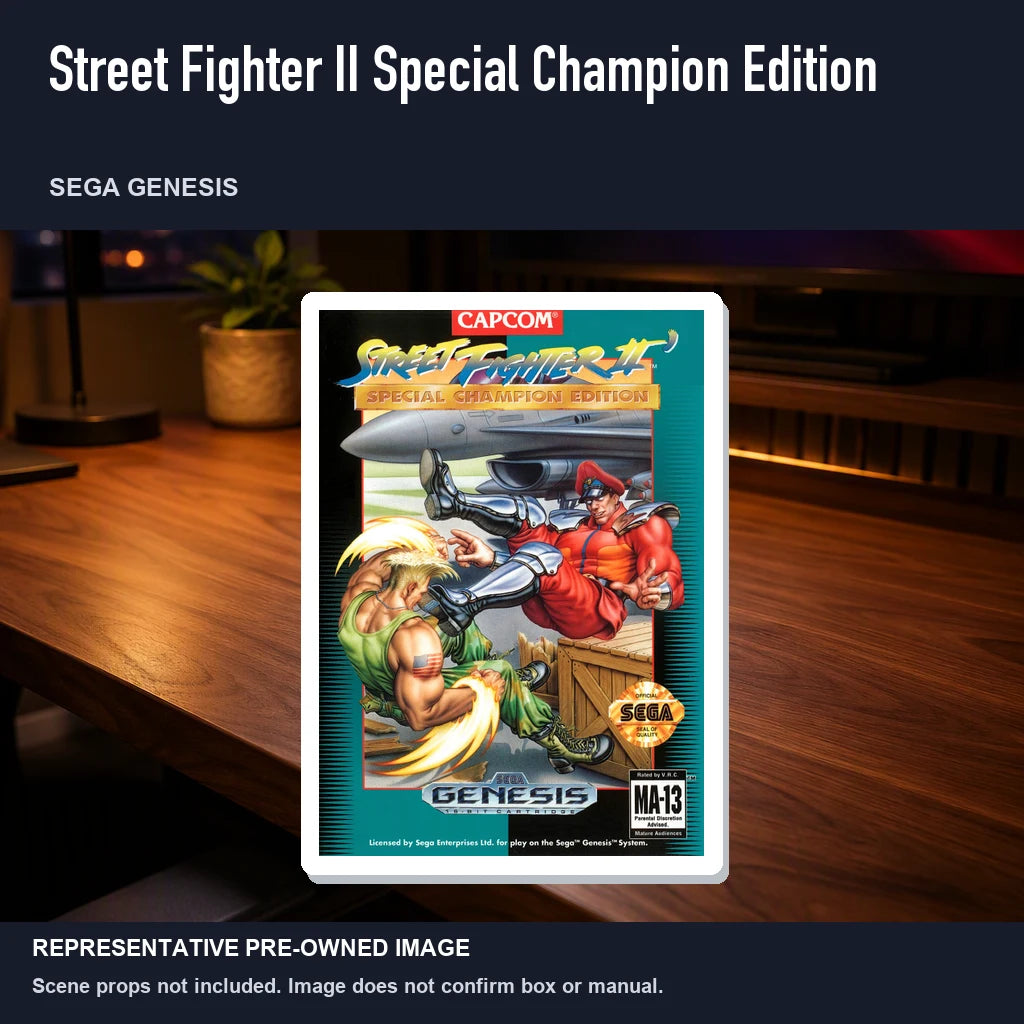 Representative pre-owned Street Fighter II Special Champion Edition (Sega Genesis), product image in a styled desk scene.