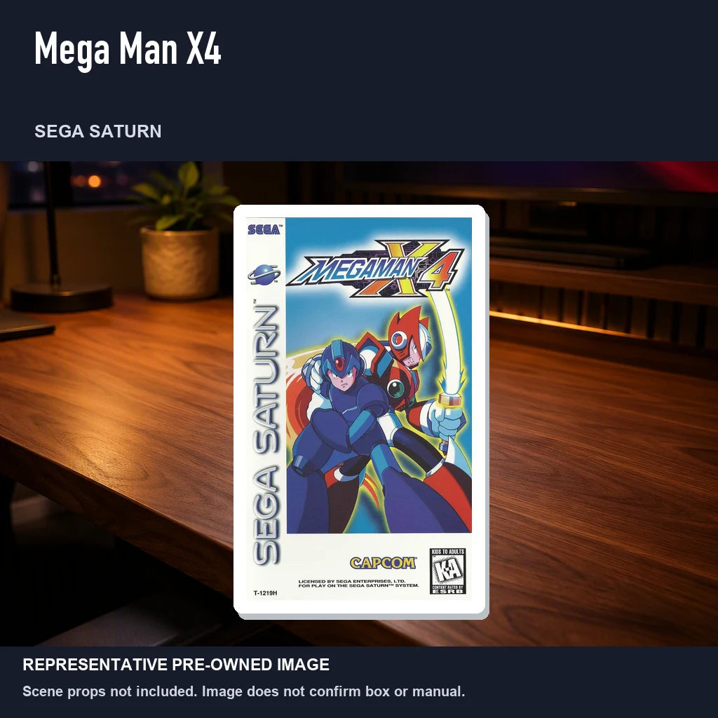 Representative pre-owned Mega Man X4 (Sega Saturn), product image in a styled desk scene.