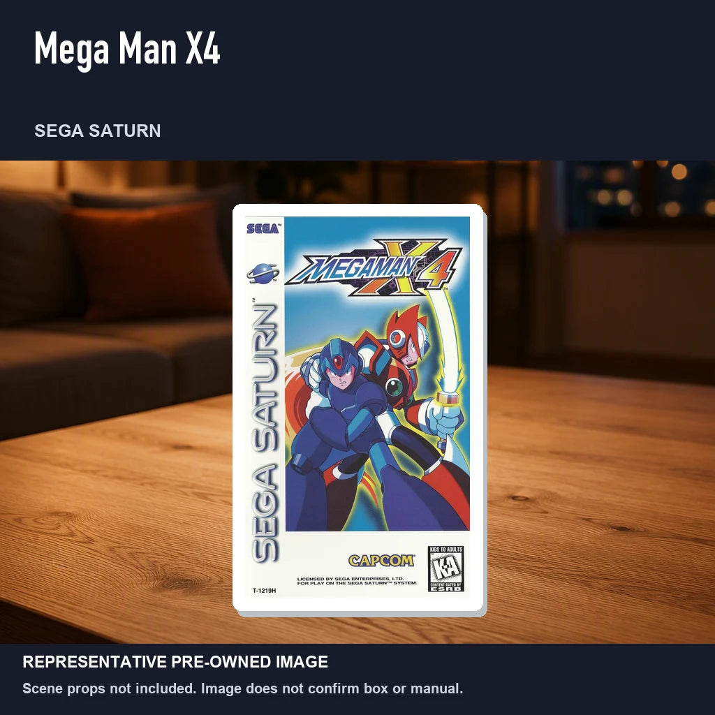 Representative pre-owned Mega Man X4 (Sega Saturn), product image in a styled room scene.