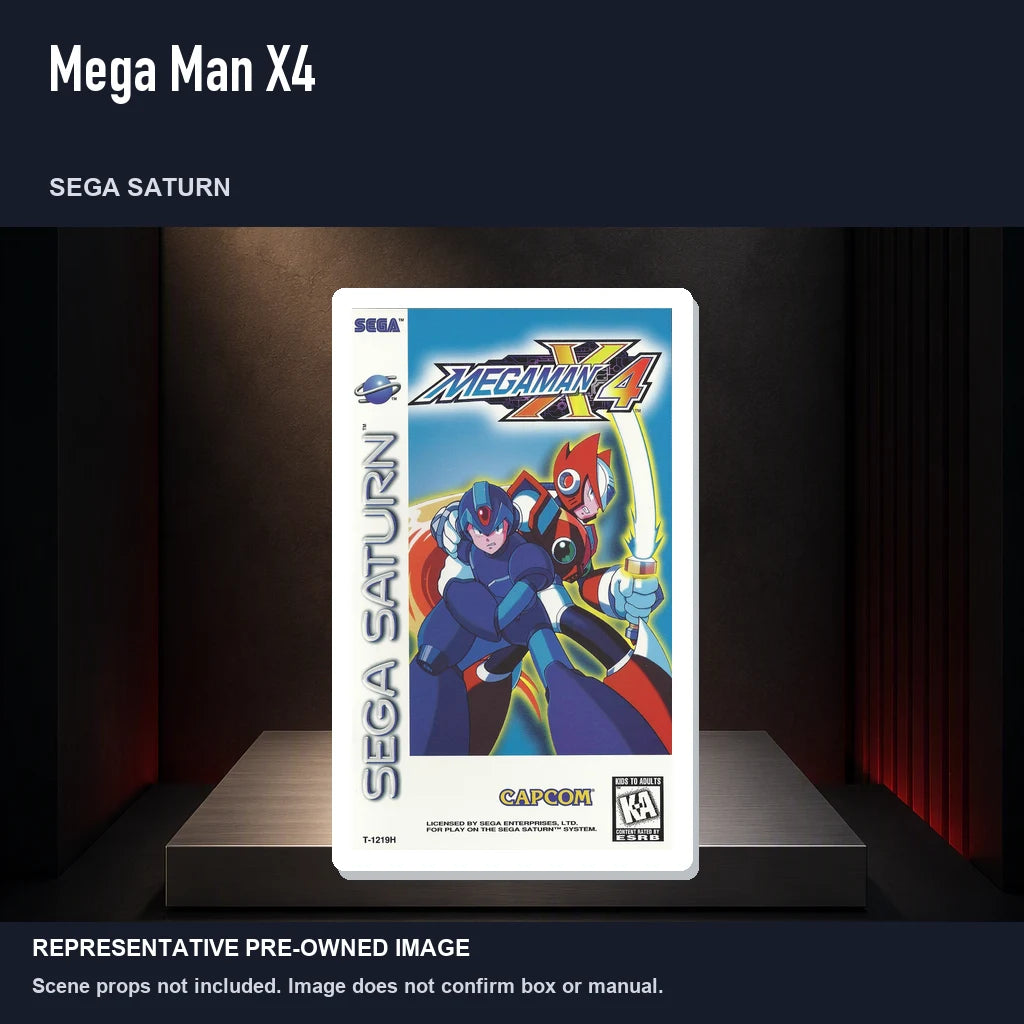 Representative pre-owned Mega Man X4 (Sega Saturn), product image on a display panel.
