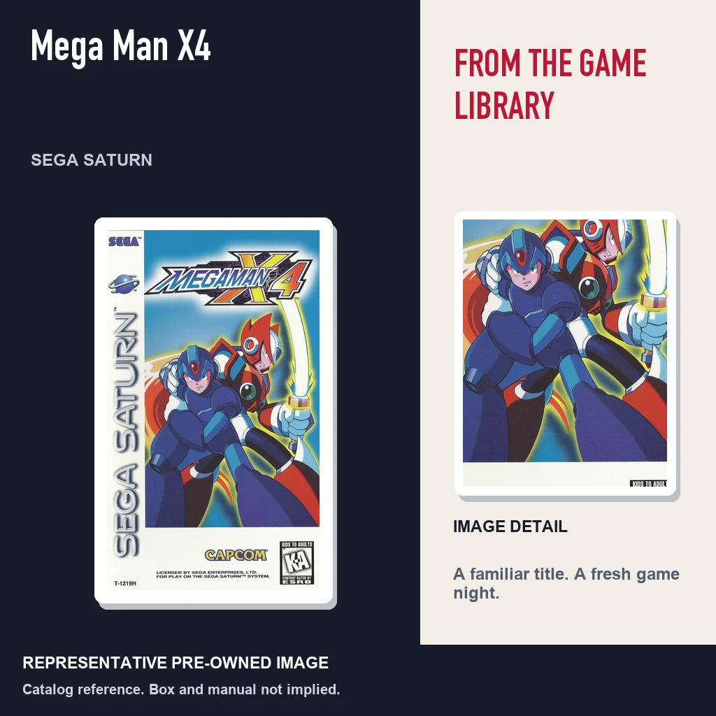 Representative pre-owned Mega Man X4 (Sega Saturn), editorial image and detail.