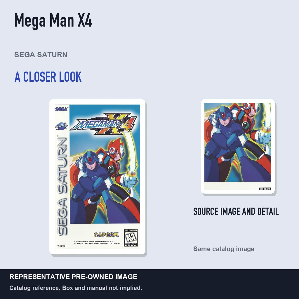 Representative pre-owned Mega Man X4 (Sega Saturn), full image with detail inset.