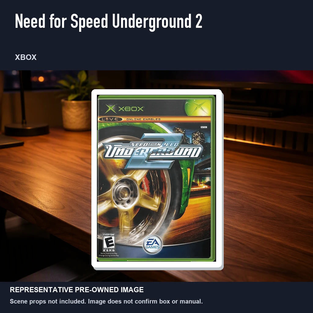 Representative pre-owned Need for Speed Underground 2 (Xbox), product image in a styled desk scene.