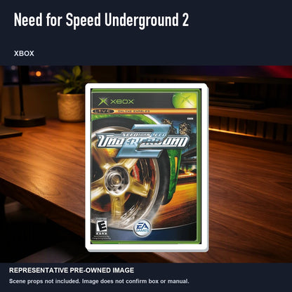 Representative pre-owned Need for Speed Underground 2 (Xbox), product image in a styled desk scene.