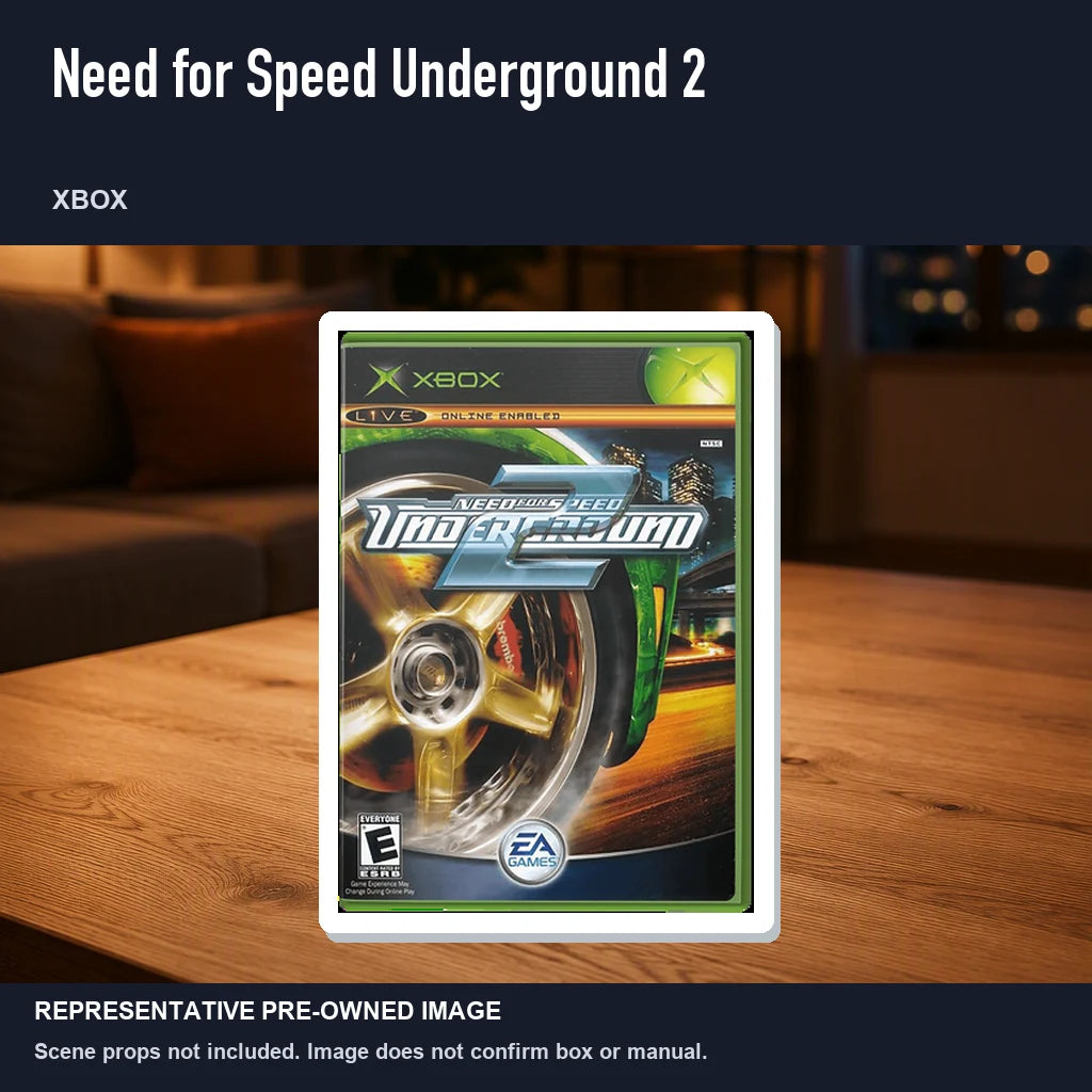 Representative pre-owned Need for Speed Underground 2 (Xbox), product image in a styled room scene.