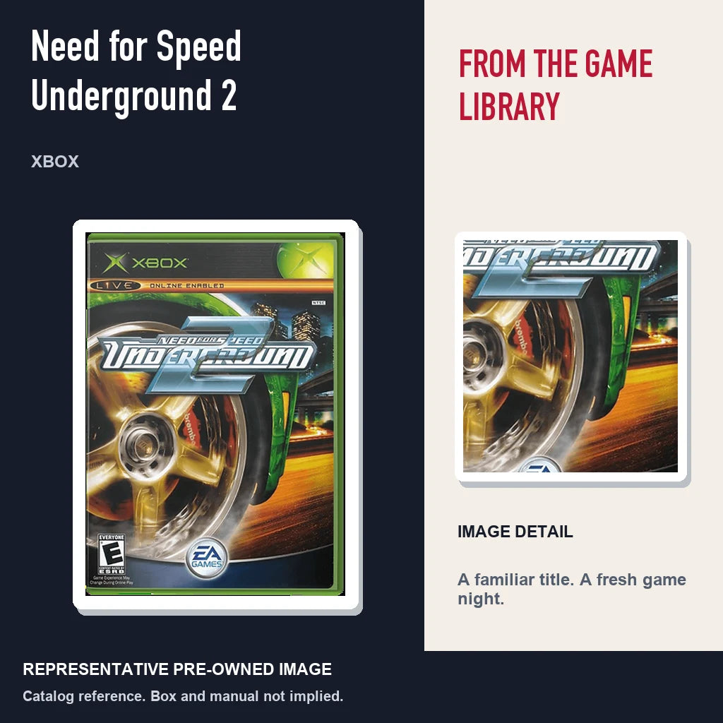 Representative pre-owned Need for Speed Underground 2 (Xbox), editorial image and detail.